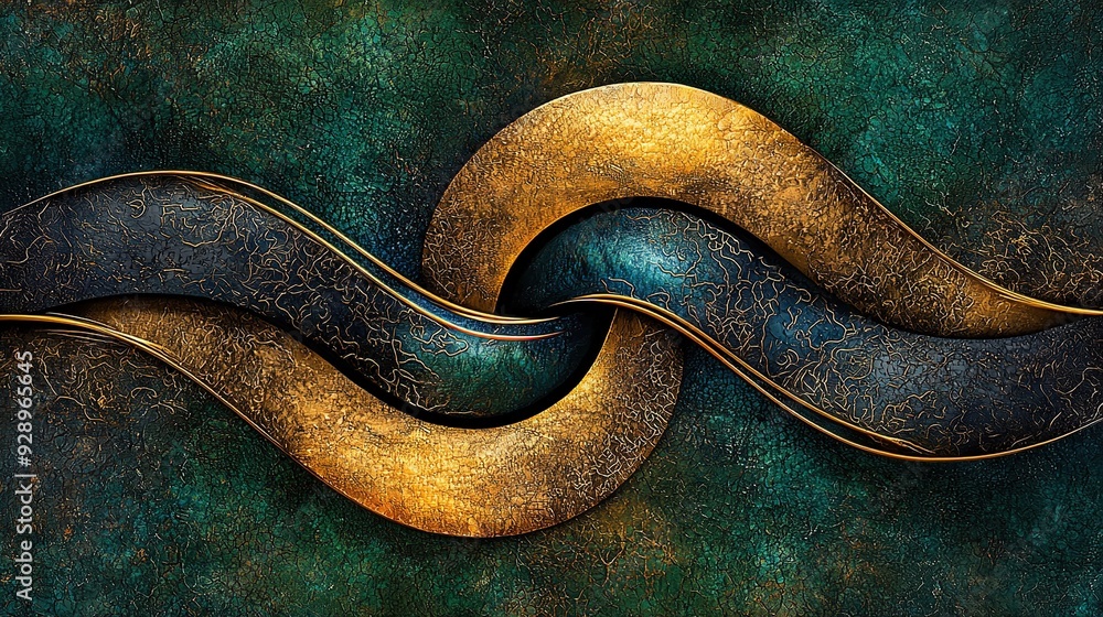 A canvas adorned with gold and blue swirls set against a backdrop of green and gold, featuring a striking black and gold swirl on the left A canvas adorned with gold and blue swirls set against a backdrop of green and gold, featuring a striking black and gold swirl on the left
