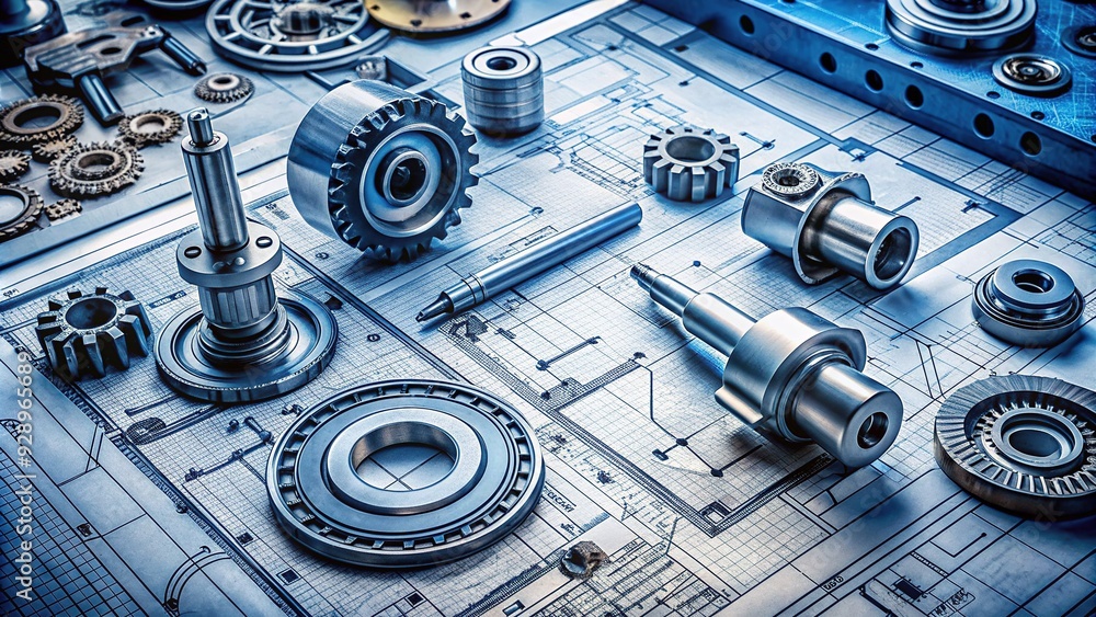 Industrial blueprint of complex heavy machinery parts with intricate mechanical details, measurements, and labels, spread out on a cluttered workbench or drafting table. Industrial blueprint of complex heavy machinery parts with intricate mechanical details, measurements, and labels, spread out on a cluttered workbench or drafting table.