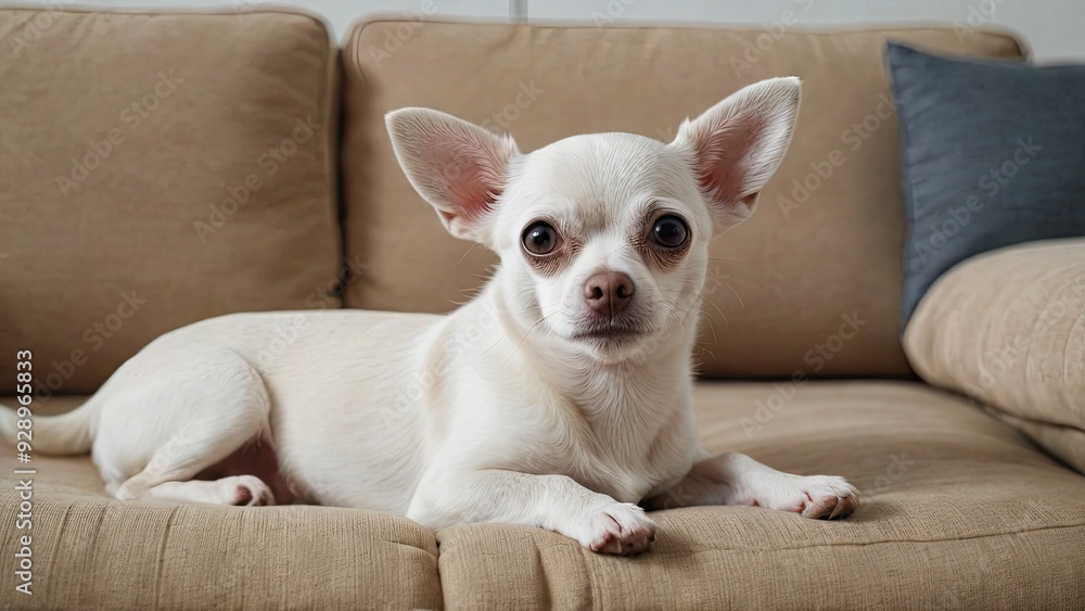 Fawn smooth coat chihuahua dog lying on sofa at home Fawn smooth coat chihuahua dog lying on sofa at home