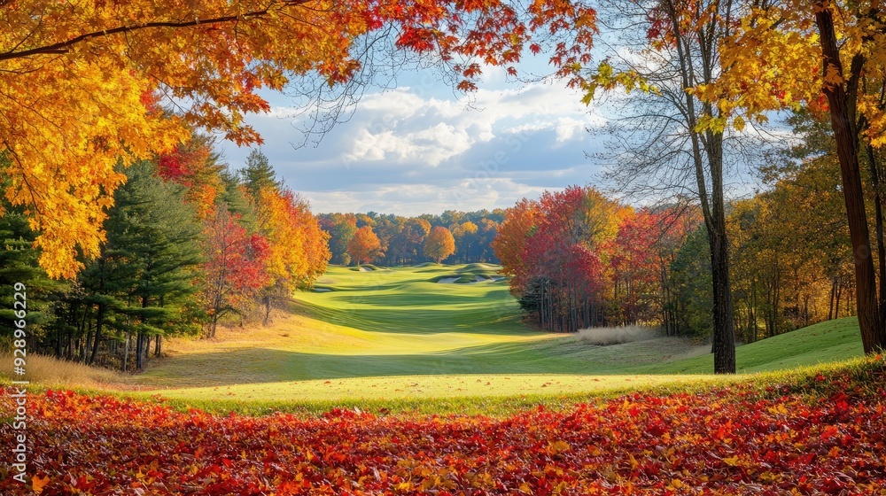 Fototapeta premium A scenic view of a golf course surrounded by autumn trees with colorful leaves, capturing the beauty of fall.