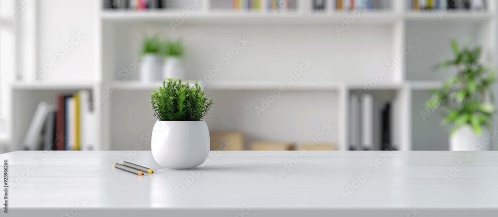Fototapeta premium white table with office supplies, blurred background of an open space or home interior with bookshelves