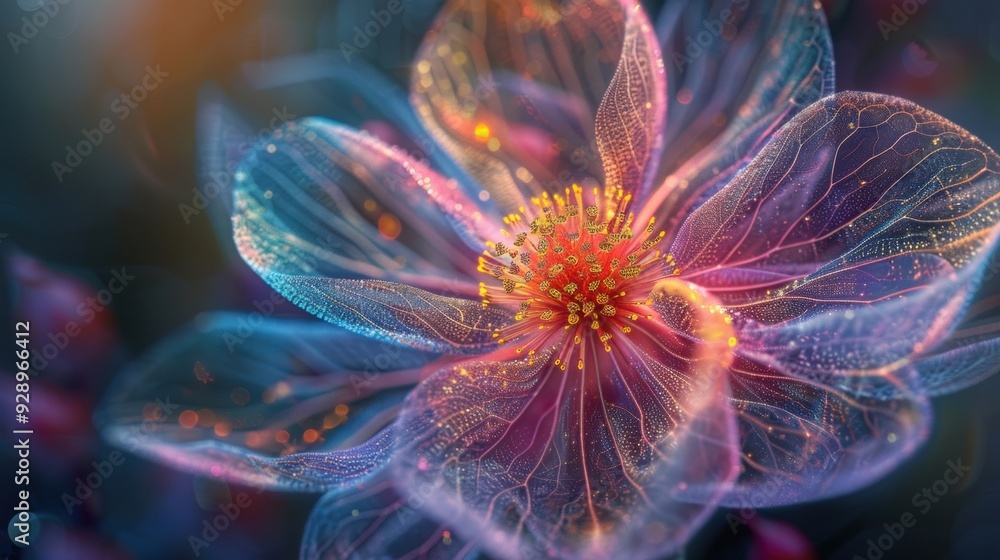 Fototapeta premium A vibrant, colorful flower with transparent petals set against a black background