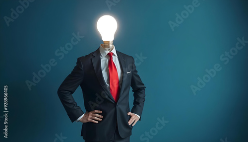 Businessman with a Light Bulb for a Head, conceptual art of smart, brilliant, and new idea