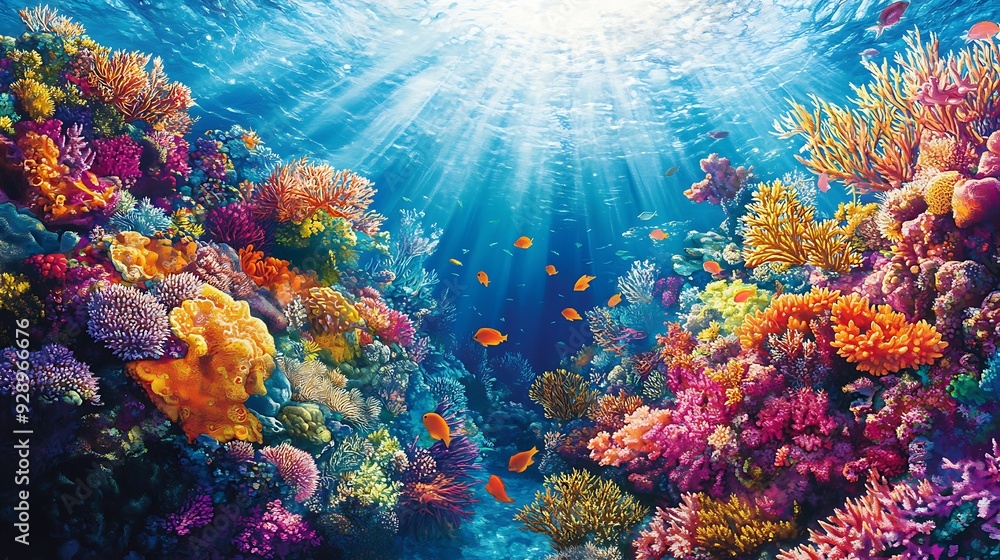 Naklejka premium Vibrant Coral Reef with Sunlight and Fish