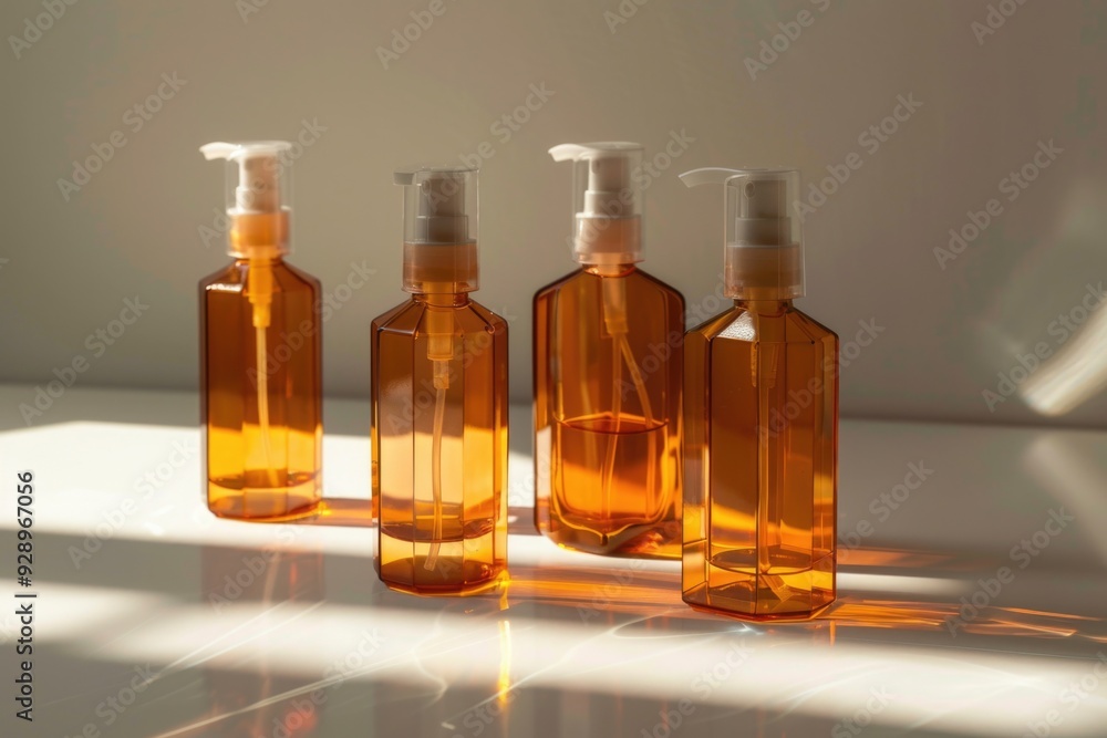 Three glass bottles sit on a table, empty or filled with liquid Three glass bottles sit on a table, empty or filled with liquid