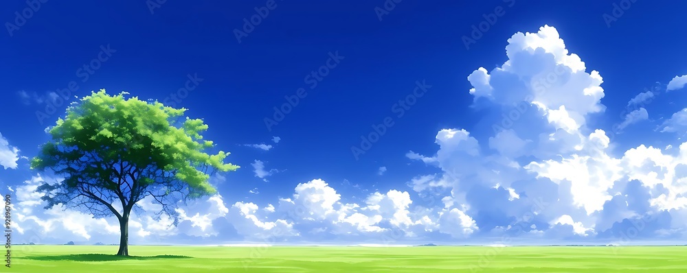 Lonely Tree in a Green Field with Blue Sky and Fluffy Clouds Illustration Lonely Tree in a Green Field with Blue Sky and Fluffy Clouds Illustration