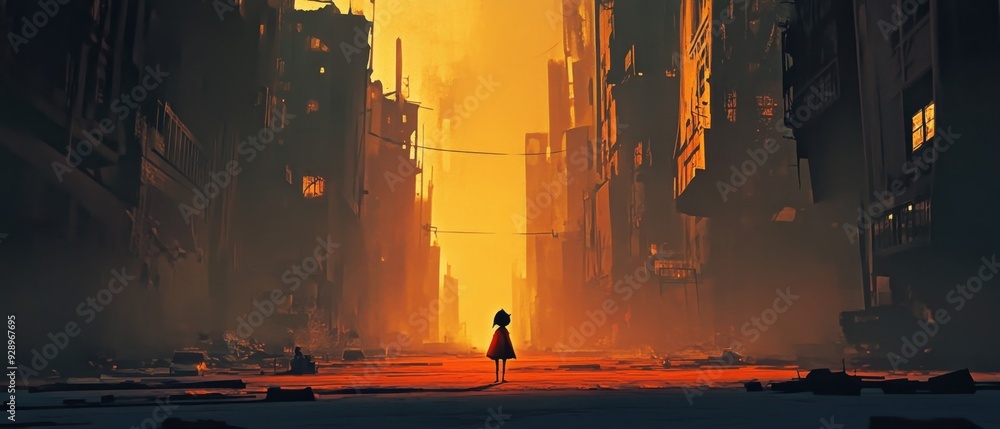 Fototapeta premium A solitary cartoon character walking through a deserted city, highlighting the overwhelming feeling of isolation and emptiness in a vast, empty world