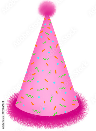 A pink festival cone hat like pyramid shape with orange straigth, wavy green lines and blue dots, decorated by. a pink circle fluffy at the top and pink fluffy at the base of hat isolated background.
