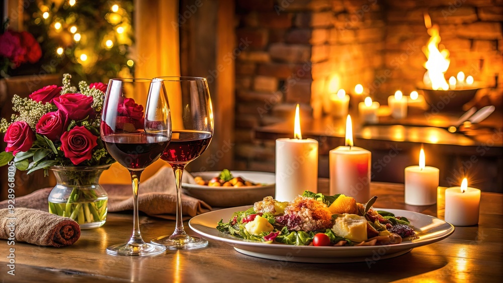 Intimate dining scene featuring a delicious meal with wine, candles, and a lovely bouquet, set against a warm and cozy background ambiance. Intimate dining scene featuring a delicious meal with wine, candles, and a lovely bouquet, set against a warm and cozy background ambiance.