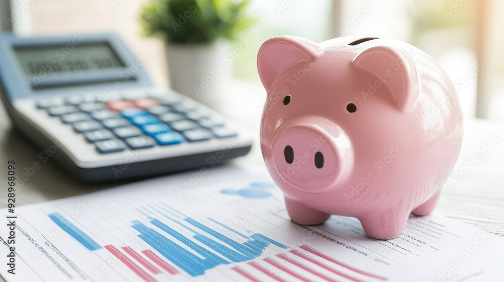 © 69 - Pink piggy bank placed next to a calculator and financial documents, representing budgeting and financial planning