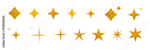 Gold glitter sparkle shiny textured stars set vector illustration isolated on transparent background. Glowing golden shimmer stickers, clip art for poster, banner Christmas and 2025 New Year design