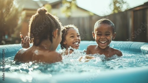 Three children splash and laugh together in a backyard pool during a sunny day