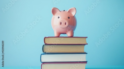 Pink piggy bank standing on a stack of books, representing education savings. Isolated on a blue background with ample copy space.