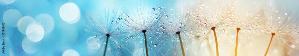 Obraz premium Ethereal Dandelion Seeds with Dewdrops: Creative Abstract Design on Blue Bokeh Background. Harmonious Blend of Nature and Culture for Luxury Scarves, Children's Books, and Decorative Art. Inspiring Wa