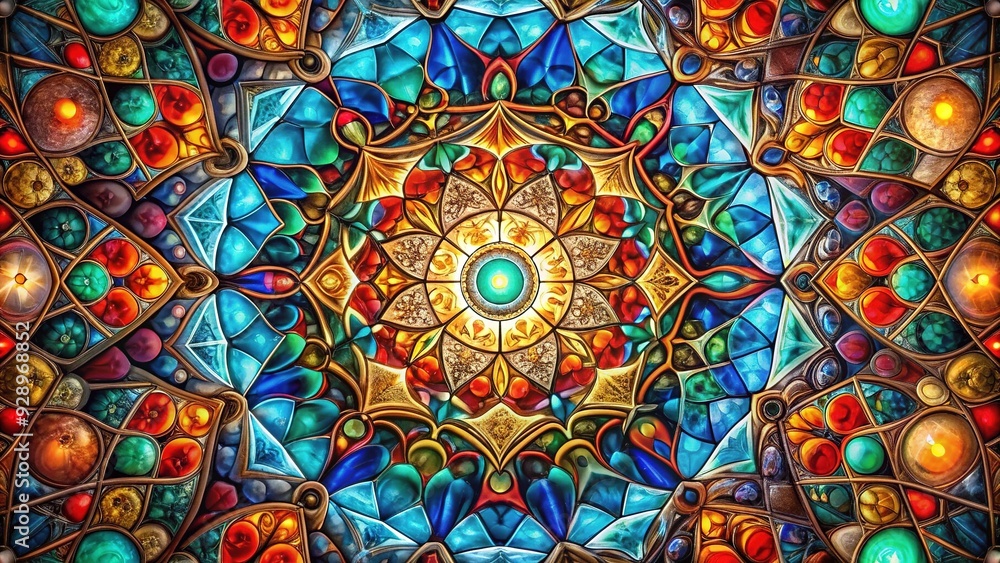 custom made wallpaper toronto digitalIntricate glass artwork featuring a mesmerizing geometric pattern with symmetrical shapes, vibrant colors, and subtle textures, creating a stunning visual effect.