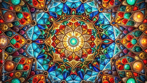 Wallpaper Mural Intricate glass artwork featuring a mesmerizing geometric pattern with symmetrical shapes, vibrant colors, and subtle textures, creating a stunning visual effect. Torontodigital.ca