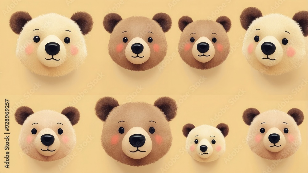 Cute bear faces on a light yellow background, cuddly and sweet. Cute bear faces on a light yellow background, cuddly and sweet.