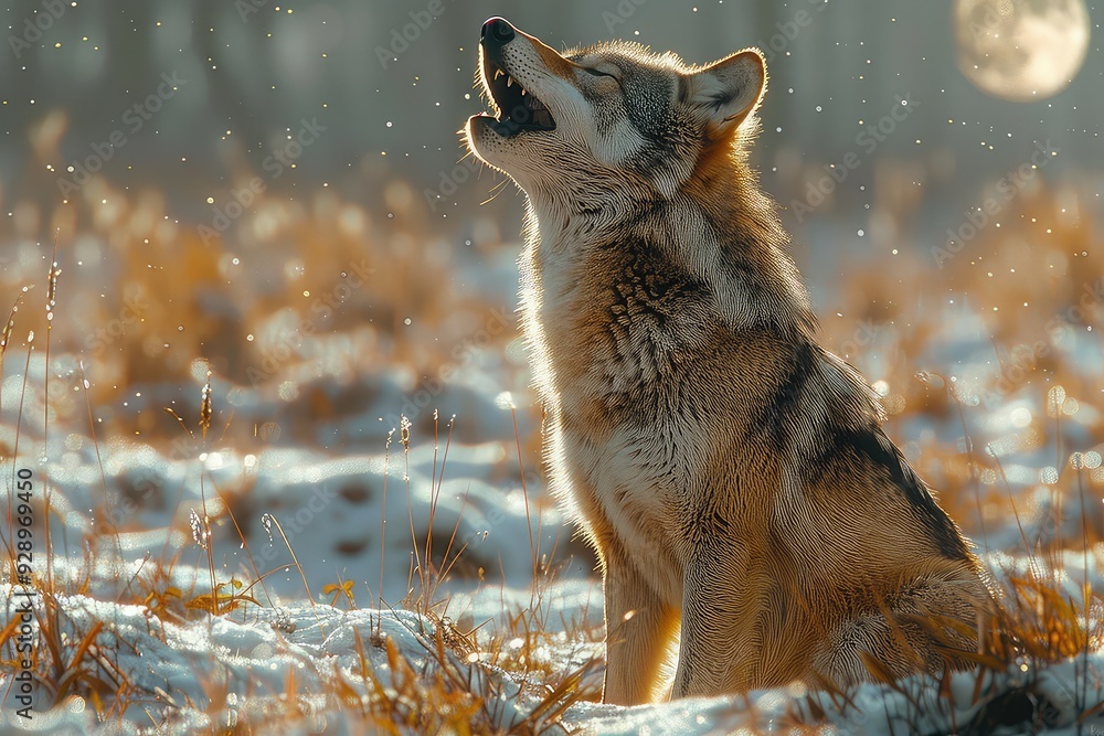 A lone wolf in the middle of a snowy forest howls at the full moon.