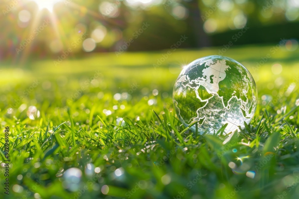 A beautiful globe rests on vibrant green grass. Sunlight shines bright. This image symbolizes nature and sustainability. Perfect for eco-friendly themes. Generative AI A beautiful globe rests on vibrant green grass. Sunlight shines bright. This image symbolizes nature and sustainability. Perfect for eco-friendly themes. Generative AI