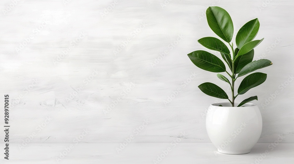 A potted plant in a white vase sits on a white table against a white wall, creating a serene and elegant atmosphere A potted plant in a white vase sits on a white table against a white wall, creating a serene and elegant atmosphere