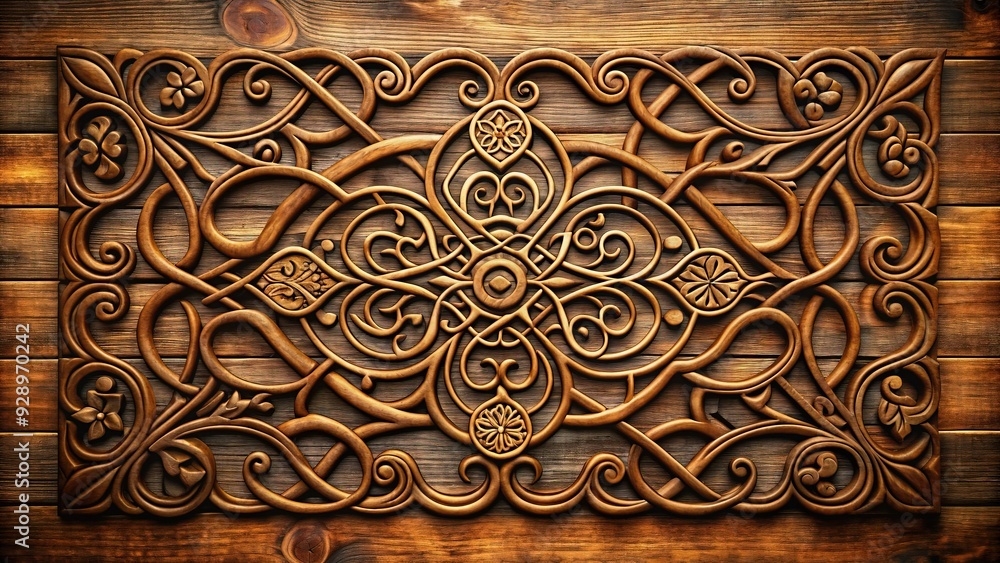 Intricately designed ornate filigree pattern in a western rustic style, featuring intertwined swirls and geometric shapes, against a warm earthy brown wooden background texture. Intricately designed ornate filigree pattern in a western rustic style, featuring intertwined swirls and geometric shapes, against a warm earthy brown wooden background texture.