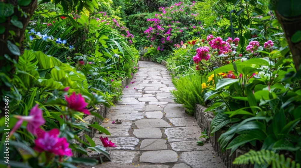 Scenic summertime view of a stone paved path through an attractive English style garden with colourful flowers in bloom and green leafy plants - garden themed photograph in colour Scenic summertime view of a stone paved path through an attractive English style garden with colourful flowers in bloom and green leafy plants - garden themed photograph in colour