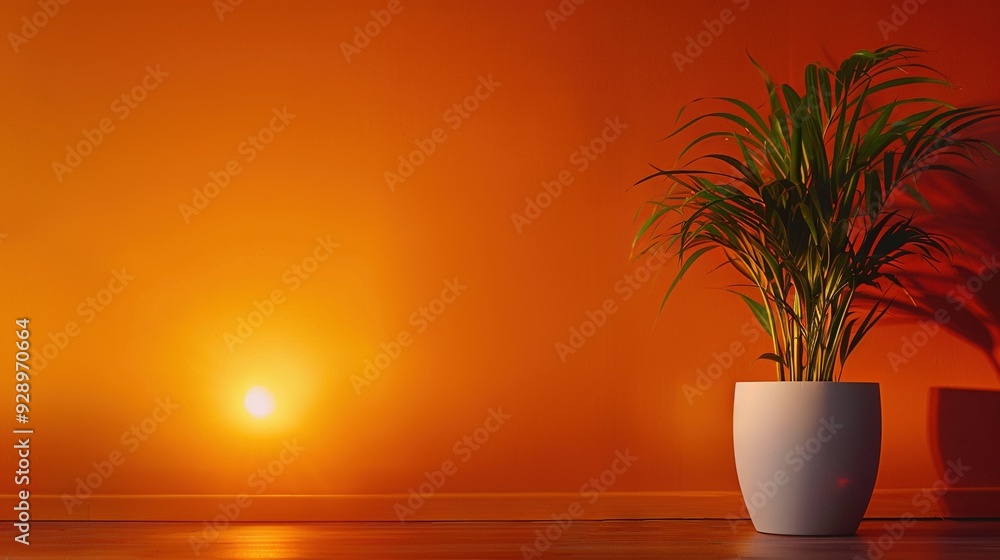 A potted plant sits atop a wooden floor, facing an orange wall and bathed in sunlight from behind A potted plant sits atop a wooden floor, facing an orange wall and bathed in sunlight from behind