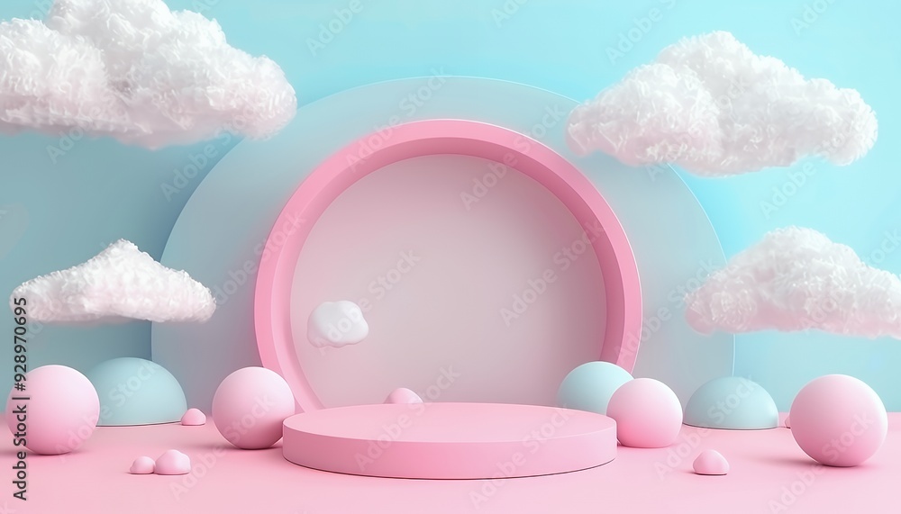 Pink and blue pastel 3d product display stand with clouds and spheres. Pink and blue pastel 3d product display stand with clouds and spheres.