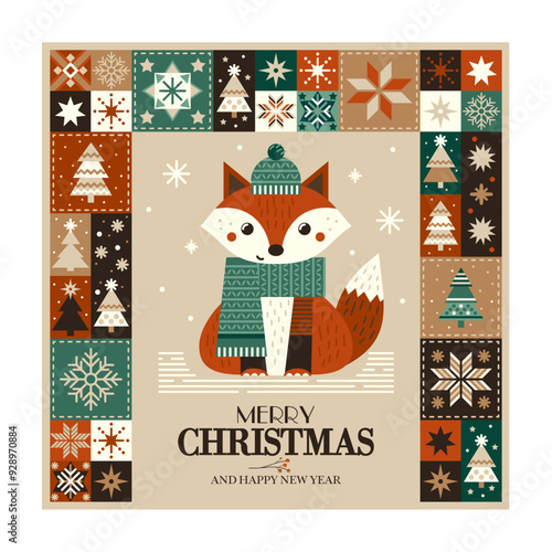Merry Christmas and Happy New Year! Vector cute illustration of winter fox in a hat and scarf and christmas trees in patchwork style. Xmas vector for card, poster or background.