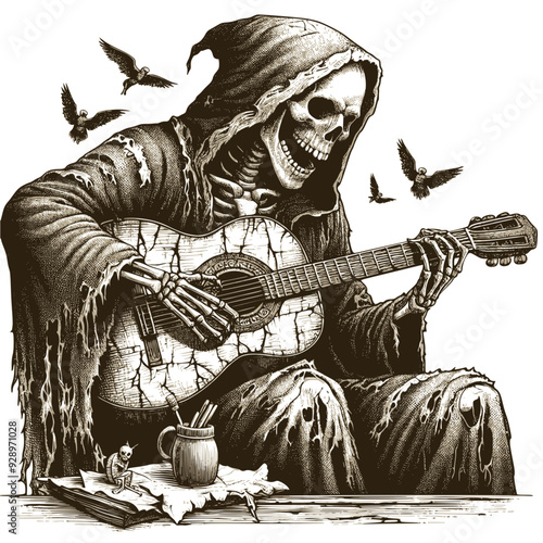 Spooky skeleton in an old torn hooded robe play guitar: vintage woodcut engraved vector illustration