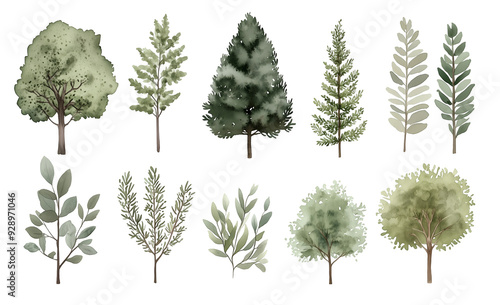 Watercolor Tree Illustrations Featuring a Variety of Green Foliage and Evergreen Trees