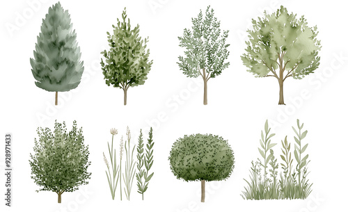 Watercolor Tree Illustrations Featuring a Variety of Green Foliage and Evergreen Trees