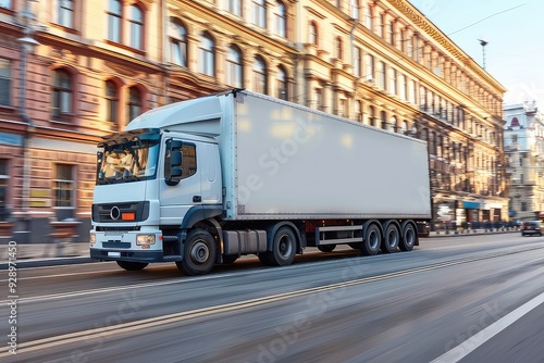 Truck with empty white empty space for marketing advertising template driving through a city.