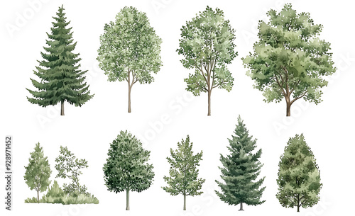 Watercolor Tree Illustrations Featuring a Variety of Green Foliage and Evergreen Trees