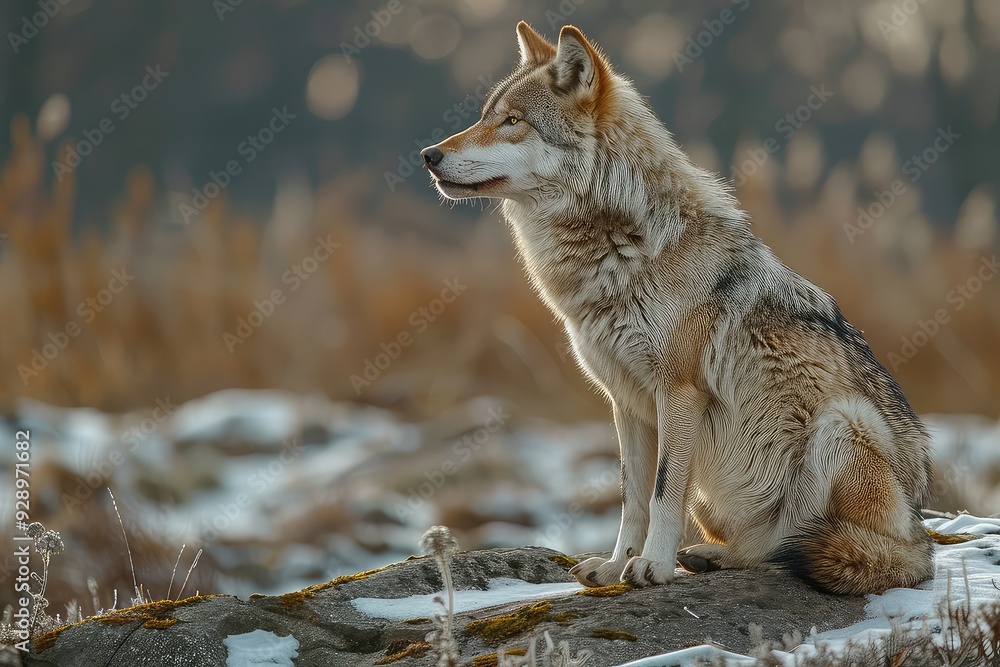 Fototapeta premium Lone wolf in the middle of a snowy forest.