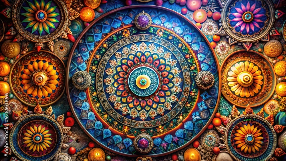 Fototapeta premium Intricate, vibrant mandalas and sacred geometry patterns adorn ancient temple walls, radiating spiritual energy and mysticism in this stunning, high-contrast, fine-art photograph.
