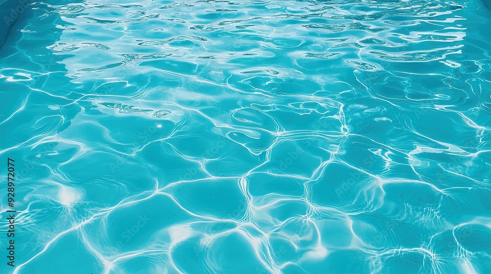 A blue pool with rippling water, bench, and umbrella A blue pool with rippling water, bench, and umbrella