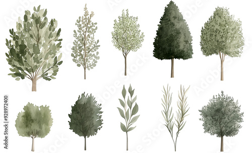 Watercolor Tree Illustrations Featuring a Variety of Green Foliage and Evergreen Trees