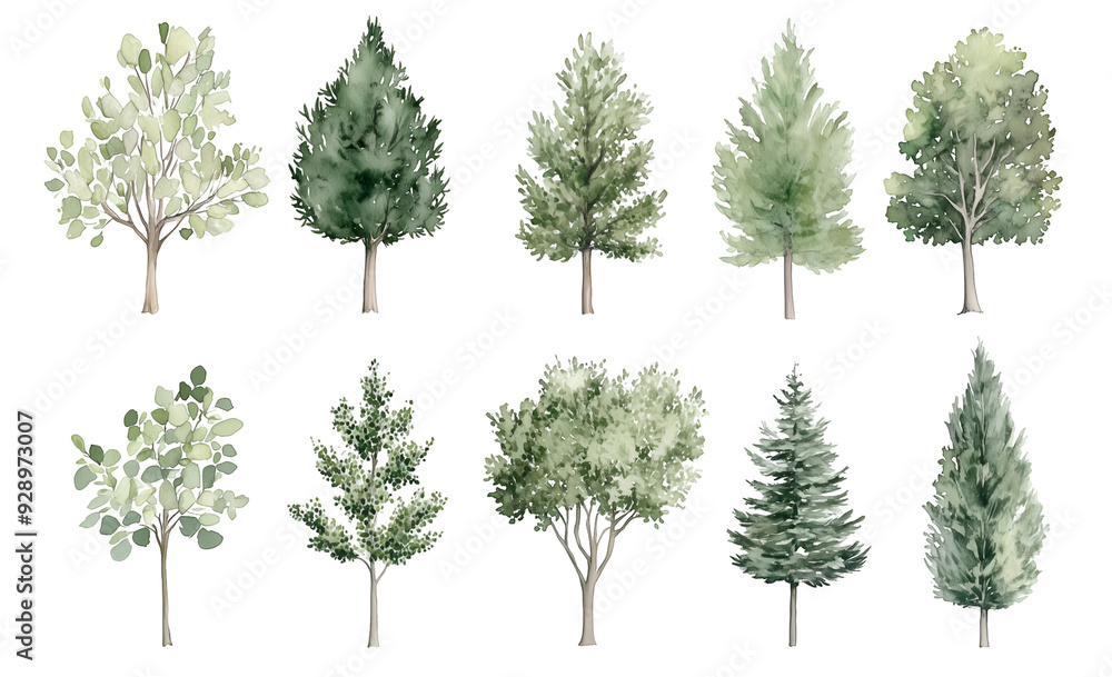 Watercolor Tree Illustrations Featuring a Variety of Green Foliage and Evergreen Trees Watercolor Tree Illustrations Featuring a Variety of Green Foliage and Evergreen Trees