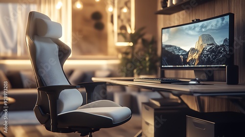 White Gaming Chair and Desk Setup with Mountain View on Monitor photo