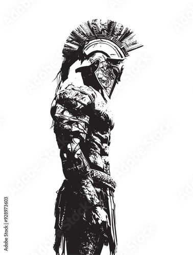Spartan warrior mask weapons spear and helmet Standing Sad Artwork Dark Mehrone vector editable logo for Wallpaper t-shirt design and multipurpose use in high definition format