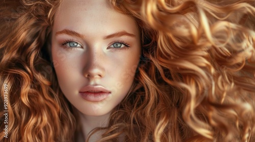 A woman with voluminous, curly red hair stares directly, her clear blue eyes and delicate freckles accentuating her vibrant and youthful gaze.