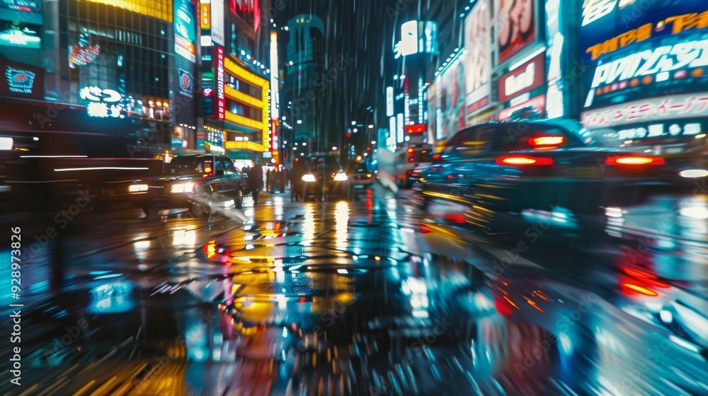 A bustling city street drenched in neon lights reflects off the wet pavement, creating a vibrant, chaotic urban atmosphere. A bustling city street drenched in neon lights reflects off the wet pavement, creating a vibrant, chaotic urban atmosphere.