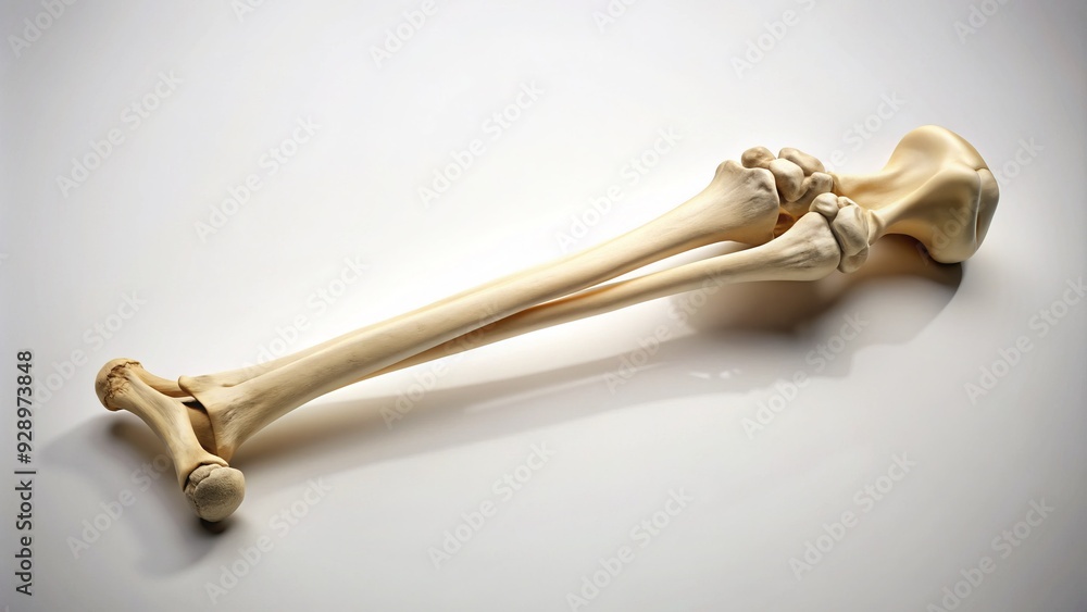 Isolated S-shaped fibula, a rare anatomical variation of the outer lower leg bone, lies on a white background with subtle shadows and soft focus. Isolated S-shaped fibula, a rare anatomical variation of the outer lower leg bone, lies on a white background with subtle shadows and soft focus.