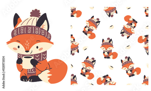 A set of prints for printing on children's products. Seamless vector pattern and print for printing. Cute fox drinking tea in a hat and scarf. . Vector illustration