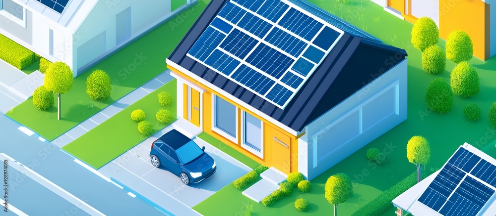 A modern home with solar panels on the roof and a car parked in the driveway. A modern home with solar panels on the roof and a car parked in the driveway.
