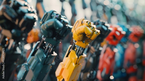 Close-up of robotic arms with various vibrant colors, signifying technological advancement and precision. photo