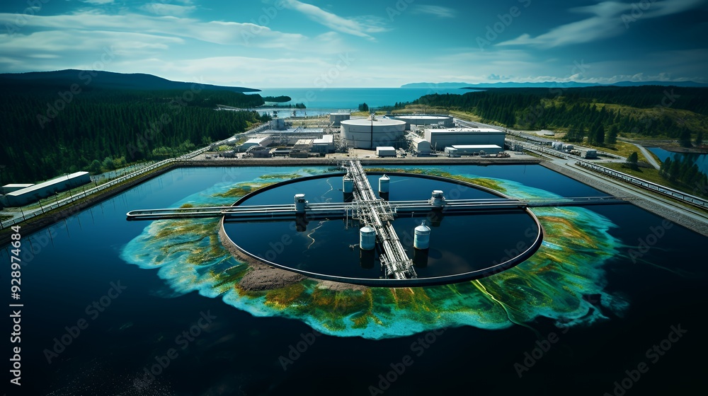 Aerial view of a water treatment plant with a large circular pool with green algae on the edge. Aerial view of a water treatment plant with a large circular pool with green algae on the edge.