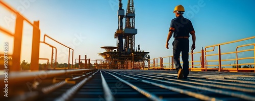 A man in a hard hat walking along a steel platform, the drilling rig towering in the background under a clear blue sky