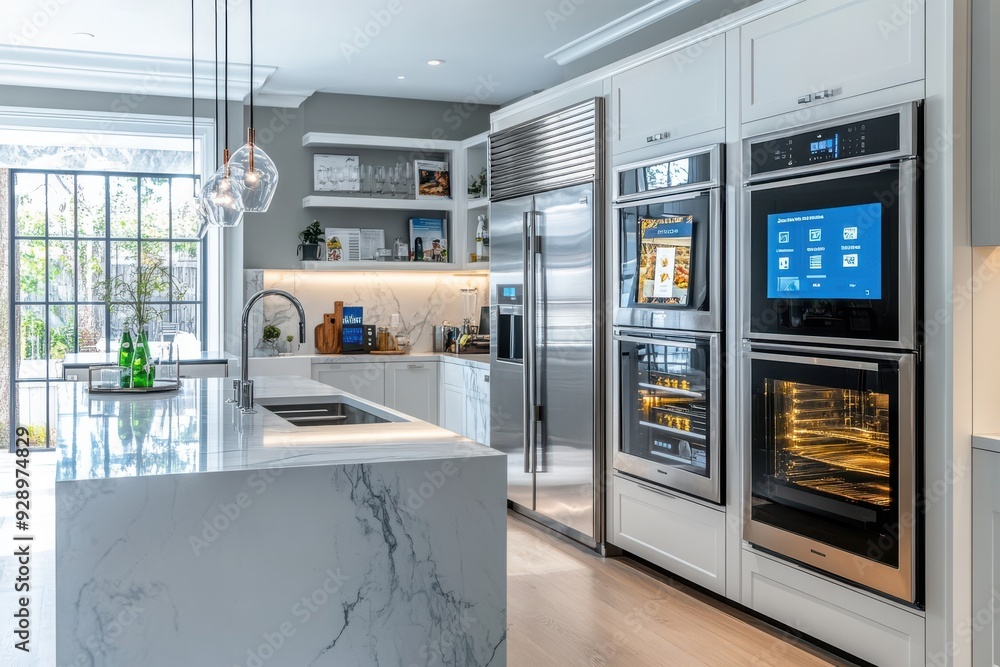 A modern kitchen with a marble countertop and stainless steel appliances. The kitchen is well-lit and has a clean, minimalist design A modern kitchen with a marble countertop and stainless steel appliances. The kitchen is well-lit and has a clean, minimalist design